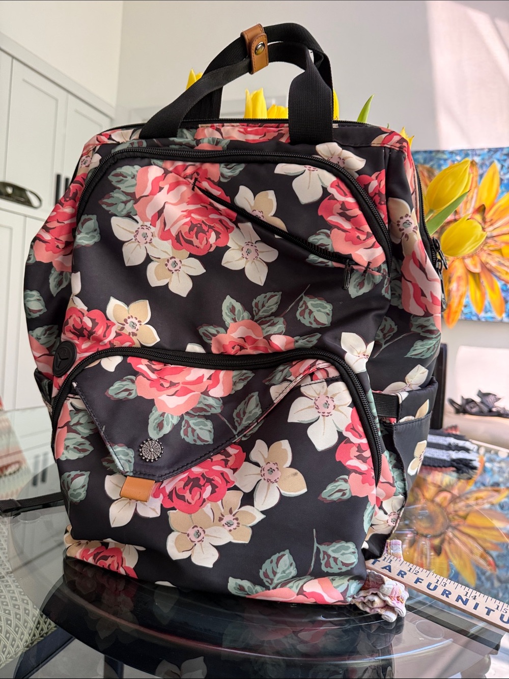 Happ Tim Floral Black & Pink Women's Backpack Tote